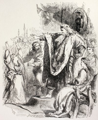 Lear glaubt, dass Cordelia ihn nicht liebt und verbannt sie, Illustration aus König Lear, aus 